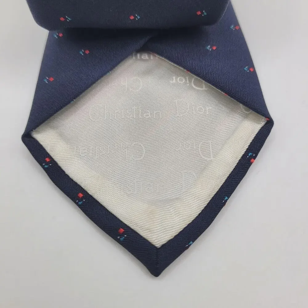 Christian Dior Tie Blue Geometric Silk Blend Logo Necktie USA Classic Designer